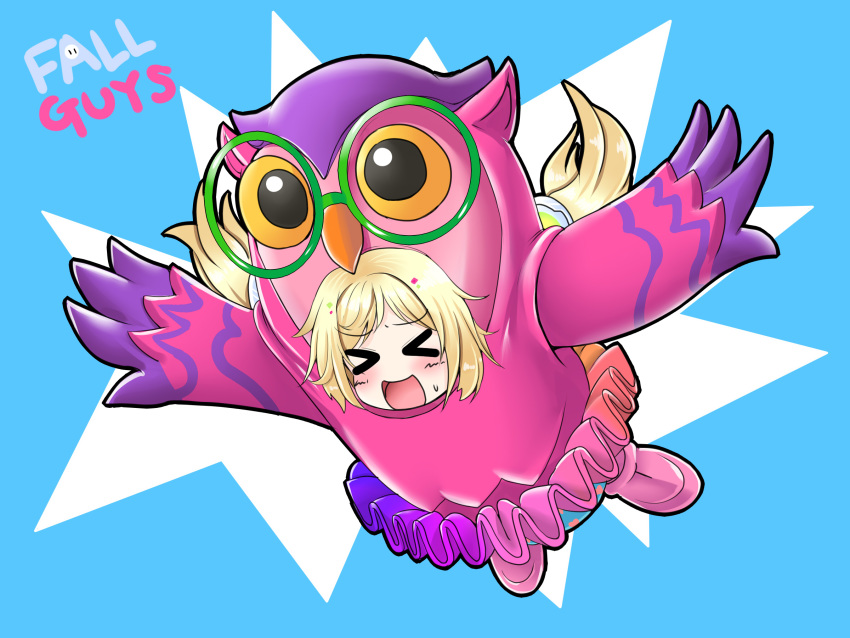 &gt;_&lt; 1girl :d aki_rosenthal bangs beak blonde_hair blue_background blush chibi closed_eyes commentary_request copyright_name cosplay detached_hair eyebrows_visible_through_hair fall_guy fall_guy_(cosplay) fall_guys full_body glasses green-framed_eyewear highres hololive midair multicolored multicolored_clothes multicolored_skirt open_mouth outstretched_arms owl_costume pink_footwear ponytail rainbow_skirt round_eyewear ruuru_(fruule) shoes simple_background skirt smile solo sweatdrop tutu virtual_youtuber yellow_sclera