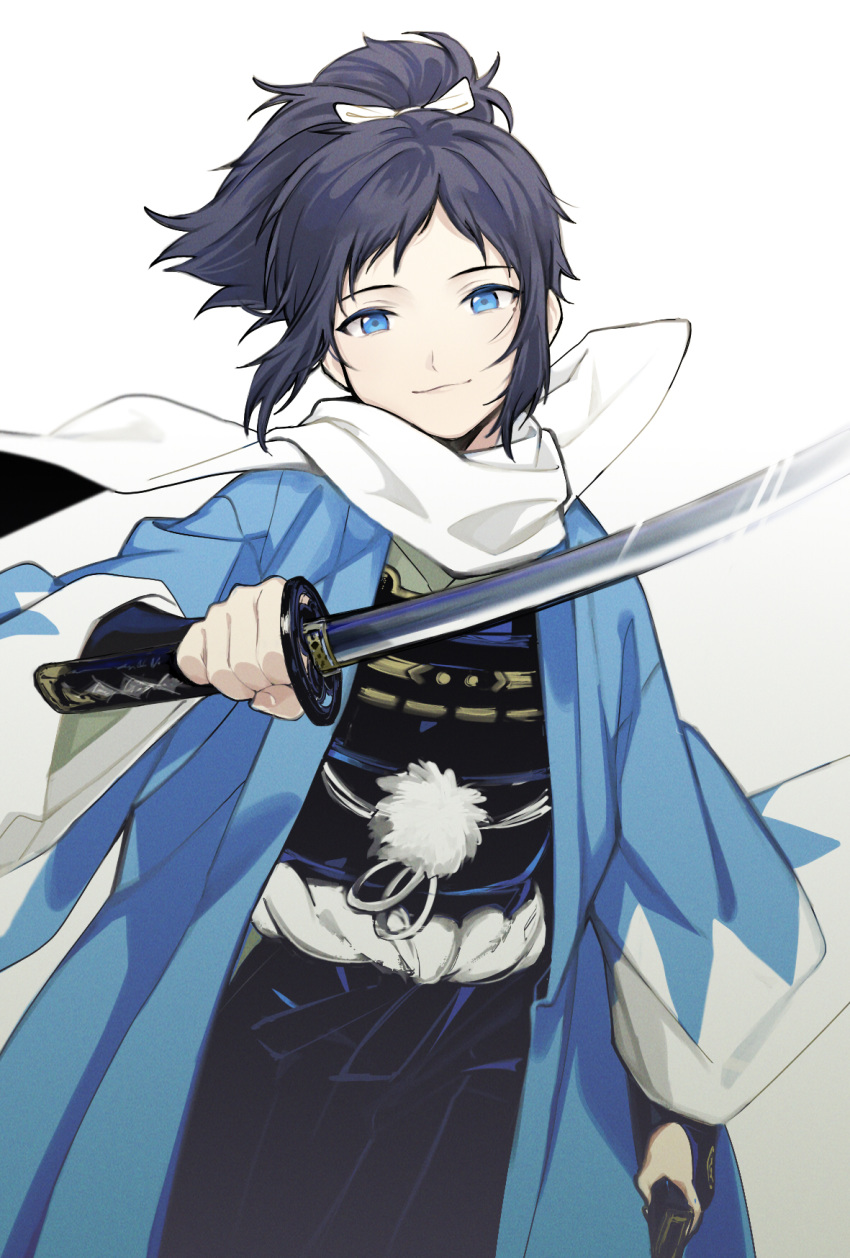 1boy black_hair blue_eyes bow hair_bow hakama haori highres ieiieiiei japanese_clothes katana male_focus mole mole_under_eye ponytail scarf sheath shinsengumi smile sword touken_ranbu weapon white_scarf yamato-no-kami_yasusada