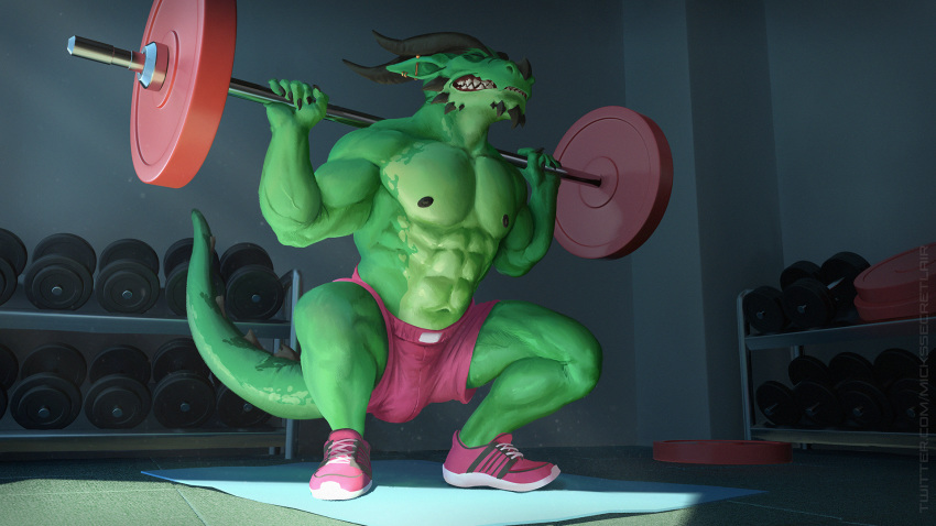 16:9 abs anthro azuazure barbell biceps bottomwear bulge clenched_teeth clothed clothing crouching dragon dumbbell ear_piercing exercise eyes_closed footwear hi_res horn light male mickey_the_retriever muscular muscular_anthro muscular_male nipples pecs piercing shoes shorts solo sunlight teeth topless weightlifting weights widescreen workout workout_equipment