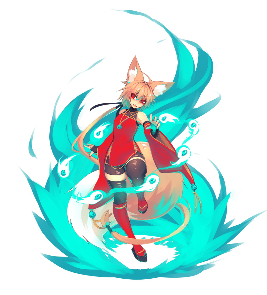 1girl absurdres animal_ears bare_shoulders bell bike_shorts blonde_hair breasts detached_sleeves eyebrows_visible_through_hair fox_ears fox_girl fox_tail full_body hair_between_eyes highres jewelry long_hair necklace open_mouth original red_eyes simple_background small_breasts solo sub-res suzu_(sub-res) tail teeth thighhighs tongue very_long_hair white_background