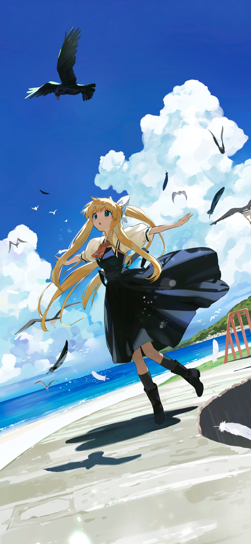 1girl absurdres air bangs bird black_footwear black_legwear blonde_hair blue_eyes blue_sky boots bow cloud commentary_request cumulonimbus_cloud day dress dutch_angle eyebrows_visible_through_hair feathers hair_bow highres kamio_misuzu kitou_sakeru kneehighs long_hair ocean open_mouth outdoors ponytail short_sleeves sidelocks sky summer water white_bow