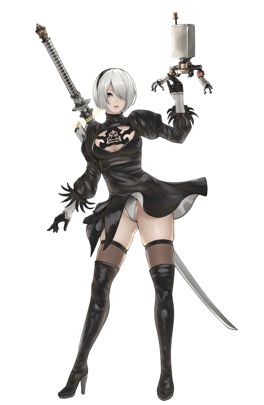 1girl bangs black_dress black_footwear boots breasts cleavage cleavage_cutout clothing_cutout commentary_request dress feather_trim full_body gloves hair_over_one_eye hairband high_heel_boots high_heels highres lips long_sleeves medium_breasts mole mole_under_mouth nier_(series) nier_automata nyatokanyaru pod_(nier_automata) puffy_sleeves robot shiny shiny_hair short_dress short_hair simple_background sword thighs turtleneck underwear weapon weapon_on_back white_background white_hair yorha_no._2_type_b