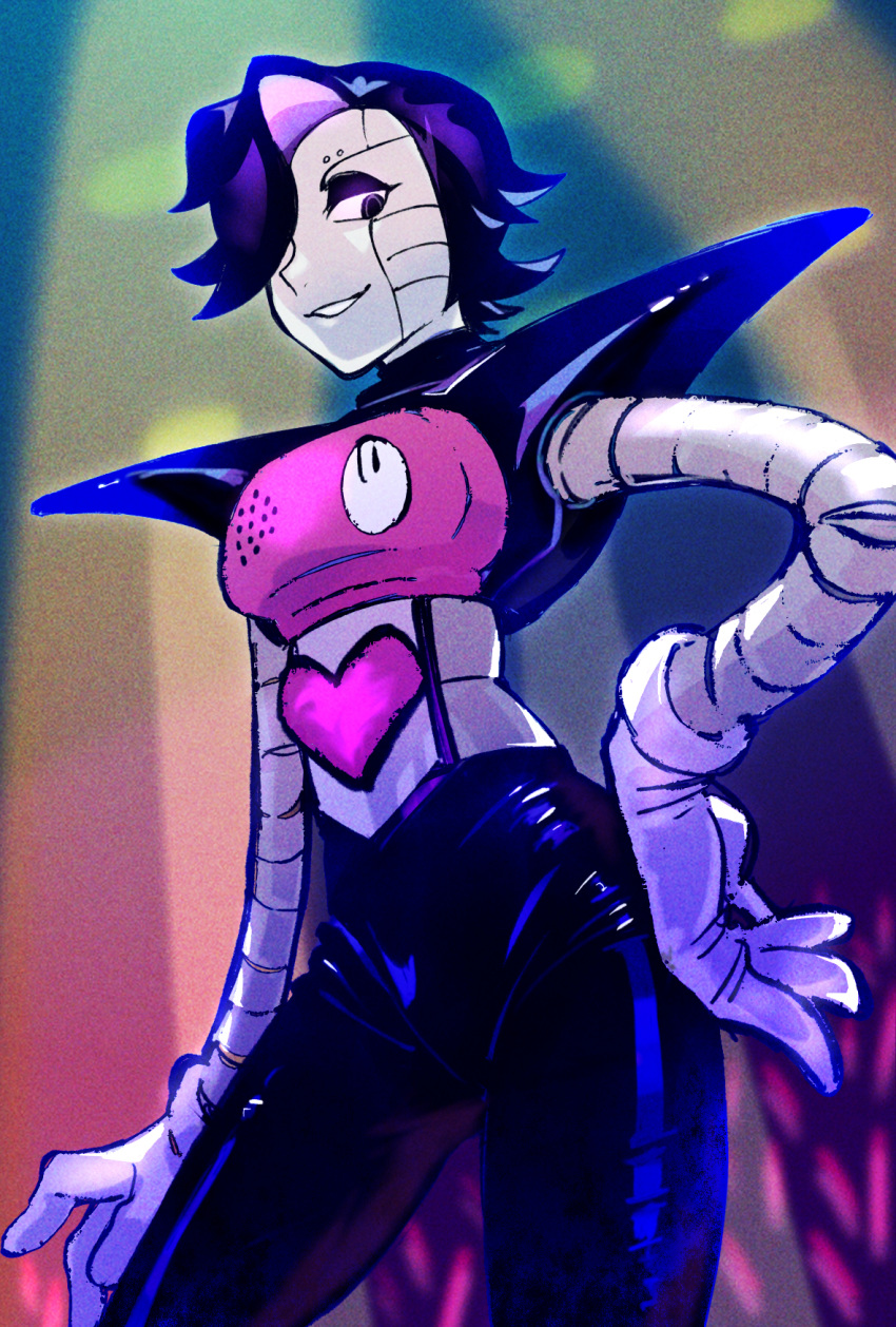 1boy android black_hair black_pants hair_over_one_eye hand_on_hip heart highres ieiieiiei male_focus mettaton mettaton_ex pants purple_eyes smile undertale