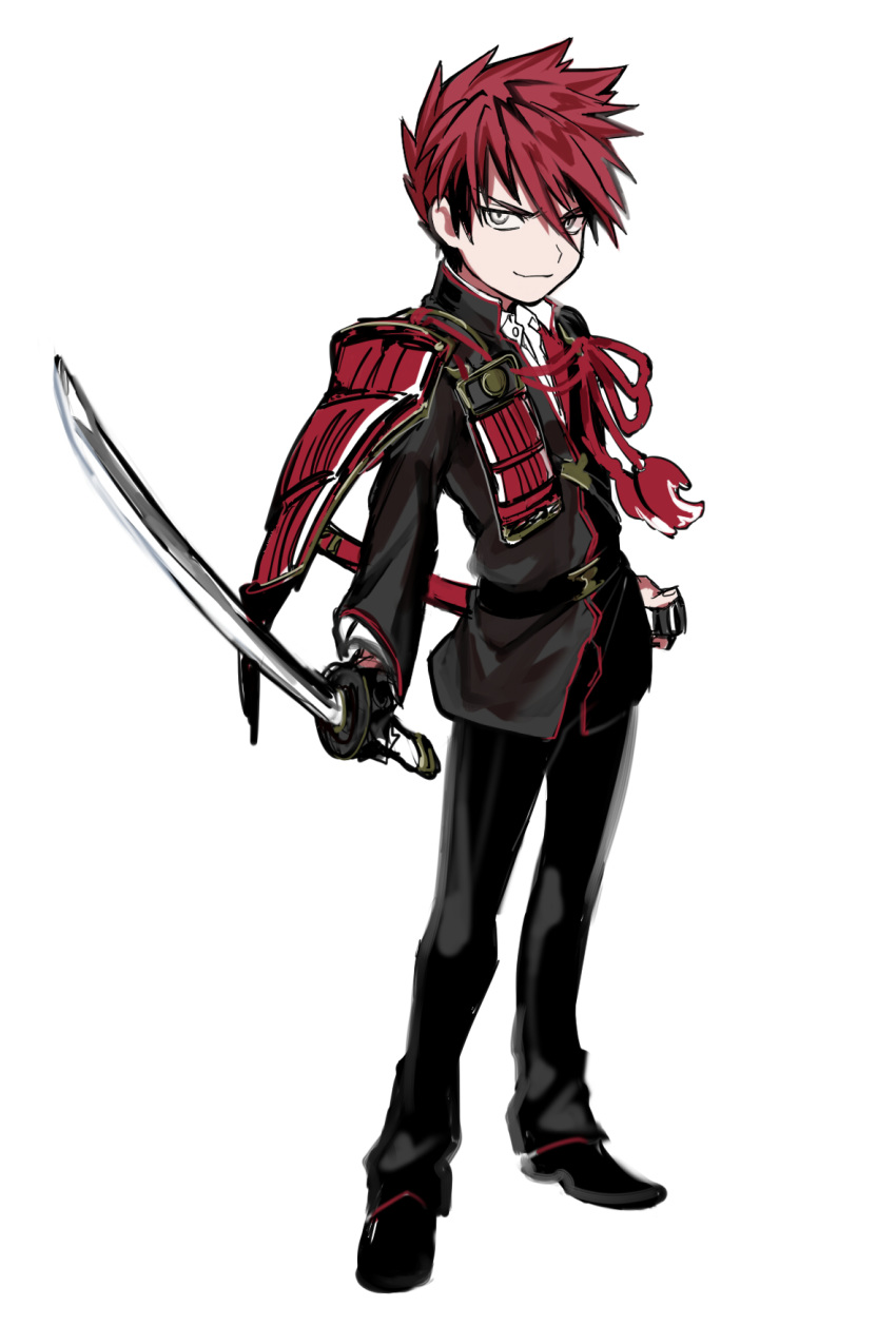 1boy armor belt black_pants grey_eyes highres ieiieiiei japanese_armor katana male_focus ookanehira_(touken_ranbu) pants red_hair sheath shoulder_armor smile sode sword tassel touken_ranbu weapon