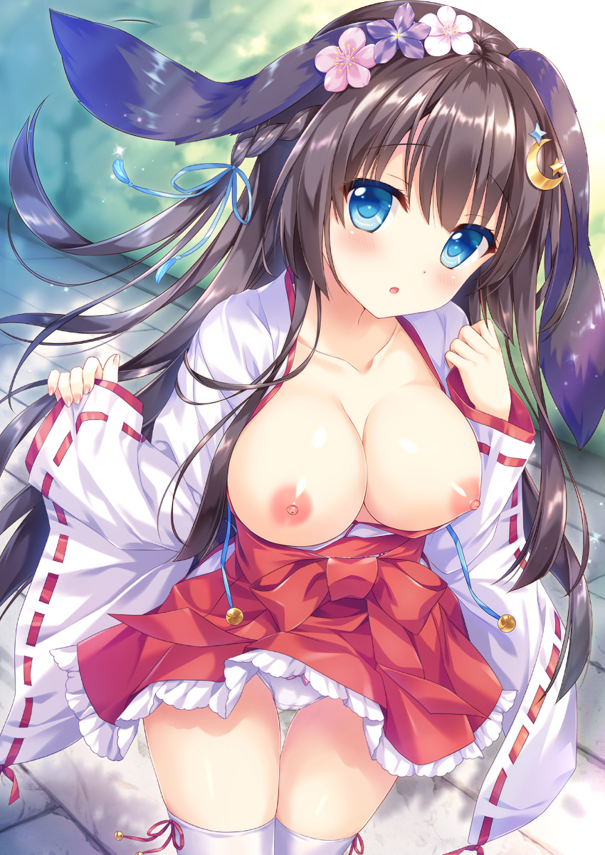 ame_to_yuki animal_ears breasts cameltoe cleavage detexted miko nipples no_bra open_shirt pantsu photoshop skirt_lift thighhighs