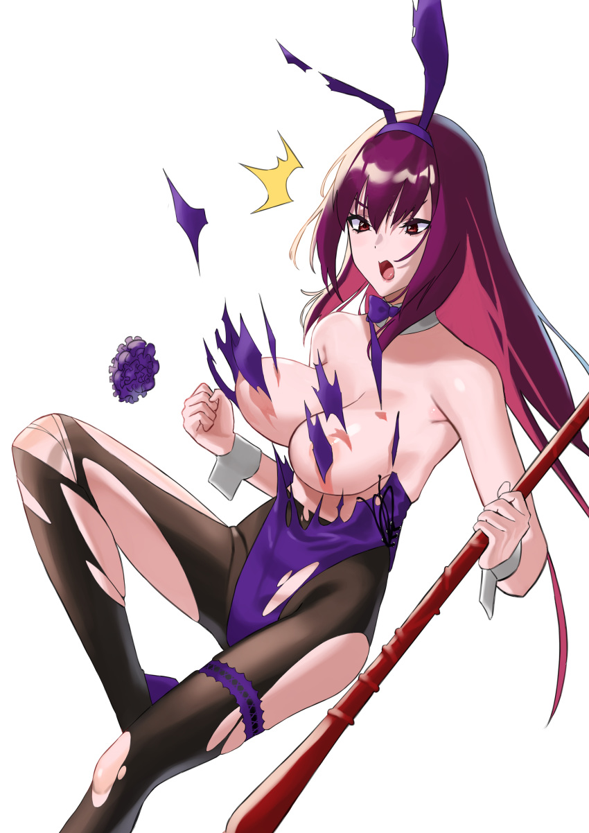 1girl absurdres animal_ears areola_slip areolae bangs bare_shoulders black_legwear bow bowtie breasts bunny_ears detached_collar fake_animal_ears fate/grand_order fate_(series) fffukuzawa gae_bolg highres holding_speaer long_hair open_mouth pantyhose playboy_bunny purple_hair red_eyes scathach_(fate)_(all) scathach_(fate/grand_order) simple_background solo torn_clothes torn_legwear white_background wrist_cuffs