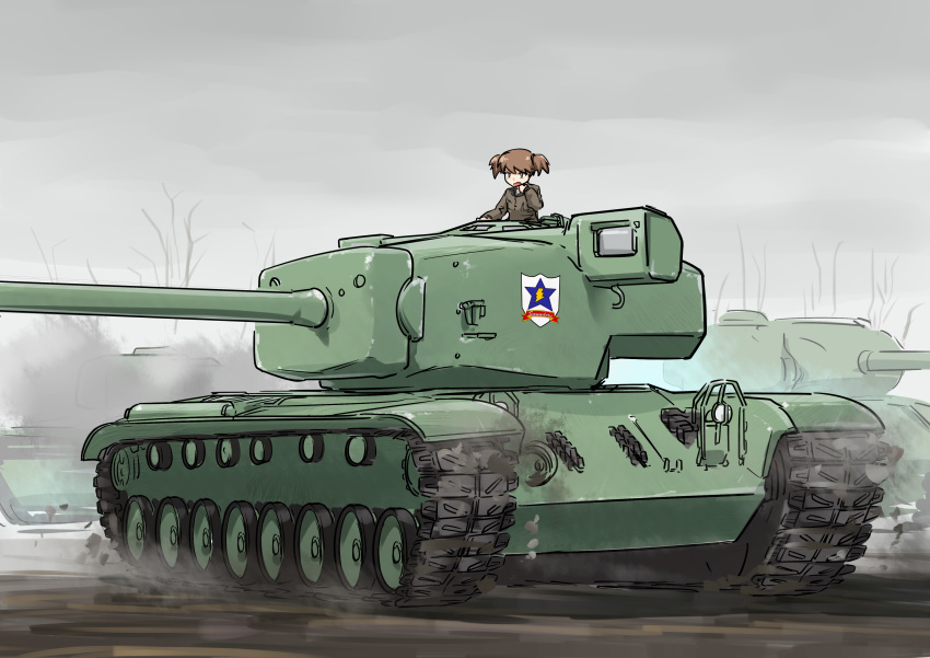 1girl absurdres alisa_(girls_und_panzer) brown_eyes brown_hair caterpillar_tracks commentary_request day dozumiiru emblem girls_und_panzer ground ground_vehicle highres military military_uniform military_vehicle motor_vehicle saunders_(emblem) saunders_military_uniform short_hair sky t29_heavy_tank tank tree twintails uniform