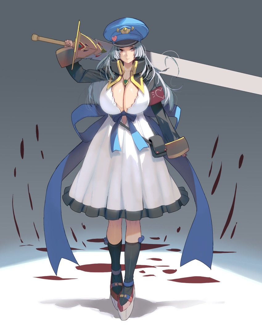 1girl arm_at_side arm_up armband bag black_legwear blood blood_splatter blue_bow blue_hair blue_headwear blue_ribbon bow breasts cleavage closed_mouth covered_nipples dress full_body grey_background hat hat_ornament heart heart_print highres holding holding_sword holding_weapon huge_breasts huge_weapon jewelry kneehighs large_breasts long_hair long_sleeves looking_at_viewer masao necklace original pendant photoshop_(medium) red_eyes revision ribbon shoes sleeves_past_wrists smile solo standing sword weapon white_dress white_footwear yellow_eyes