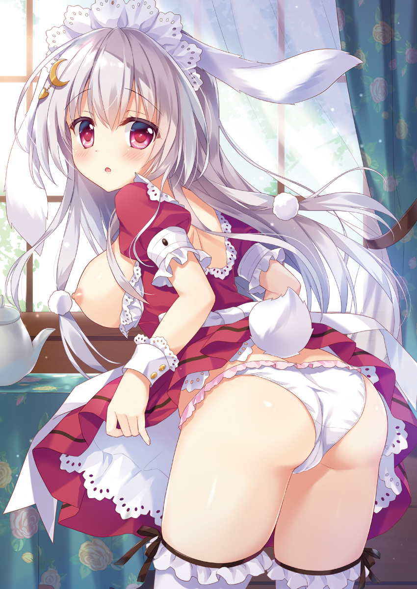 ame_to_yuki animal_ears ass blanc_(ame_to_yuki) breasts detexted maid melonbooks nipples no_bra pantsu photoshop skirt_lift tail thighhighs