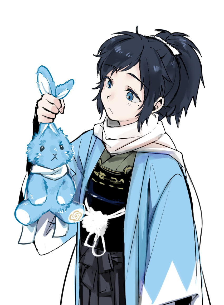 1boy :&lt; black_hair blue_eyes bow hair_bow hakama haori highres ieiieiiei japanese_clothes male_focus mole mole_under_eye ponytail scarf shinsengumi stuffed_animal stuffed_bunny stuffed_toy touken_ranbu white_scarf yamato-no-kami_yasusada