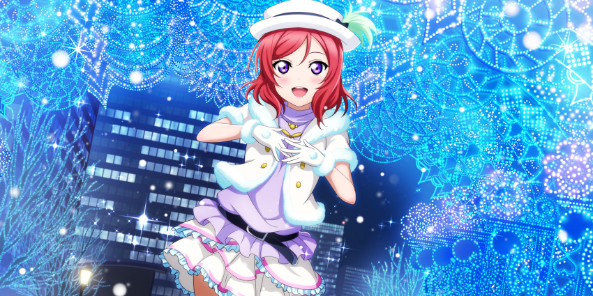 1girl artist_request belt blush building city_lights cityscape frilled_skirt frills gloves hat highres lights looking_at_viewer love_live! love_live!_school_idol_festival_all_stars love_live!_school_idol_project nishikino_maki official_art open_mouth purple_eyes red_hair short_hair skirt snow_halation solo turtleneck white_gloves white_headwear