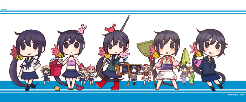 absurdres akebono_(kantai_collection) animal_on_head animal_on_shoulder arms_behind_back bell bikini black_legwear blue_sailor_collar blue_skirt blue_sweater boots broom bucket bunny crab fishing_rod flower fuzino green_vest hair_bell hair_flower hair_ornament highres japanese_clothes jingle_bell kantai_collection kimono kneehighs long_hair looking_at_viewer oboro_(kantai_collection) on_head pink_bikini pink_kimono pleated_skirt purple_eyes purple_hair red_footwear rubber_boots sailor_collar sazanami_(kantai_collection) school_uniform serafuku short_sleeves side_ponytail skirt sleeves_rolled_up solo_focus sweater swimsuit tasuki translation_request two-tone_background ushio_(kantai_collection) variations very_long_hair vest white_background