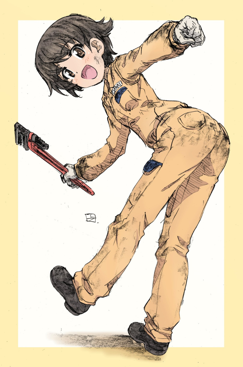 1girl :d artist_name bangs black_footwear border brown_eyes brown_hair clenched_hand commentary dirty dirty_clothes dirty_face erakin eyebrows_visible_through_hair from_behind girls_und_panzer gloves highres holding holding_wrench jumpsuit leaning_forward long_sleeves looking_at_viewer looking_back mechanic nakajima_(girls_und_panzer) name_tag open_mouth orange_jumpsuit romaji_text shoes short_hair signature sketch smile solo standing standing_on_one_leg traditional_media uniform white_gloves wrench yellow_border