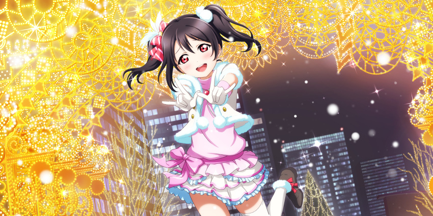 1girl \m/ ankle_boots artist_request bangs black_hair blush boots bow building city_lights cityscape double_\m/ flat_chest frilled_skirt frills gloves hair_bow highres lights looking_at_viewer love_live! love_live!_school_idol_festival_all_stars love_live!_school_idol_project official_art open_mouth raised_eyebrows red_eyes skirt snow_halation solo striped striped_bow thighhighs turtleneck twintails white_gloves white_legwear yazawa_nico