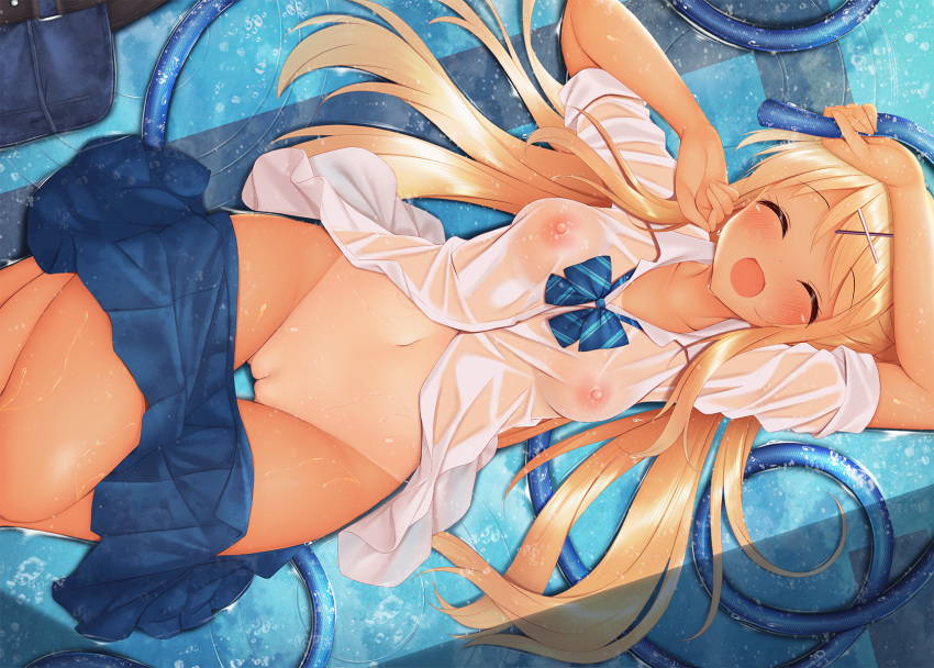 blonde_hair dark_skin kiniro_mosaic kujou_karen long_hair minato_(ojitan_gozaru) navel nipples no_bra nopan pool pussy school_uniform see_through skirt tan_lines uncensored wet