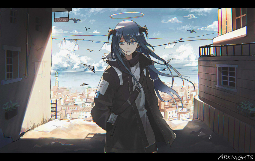 1girl arknights bird blue_eyes blue_hair clothesline copyright_name halo hand_in_pocket horns letterboxed lococo:p long_hair mostima_(arknights) smile town