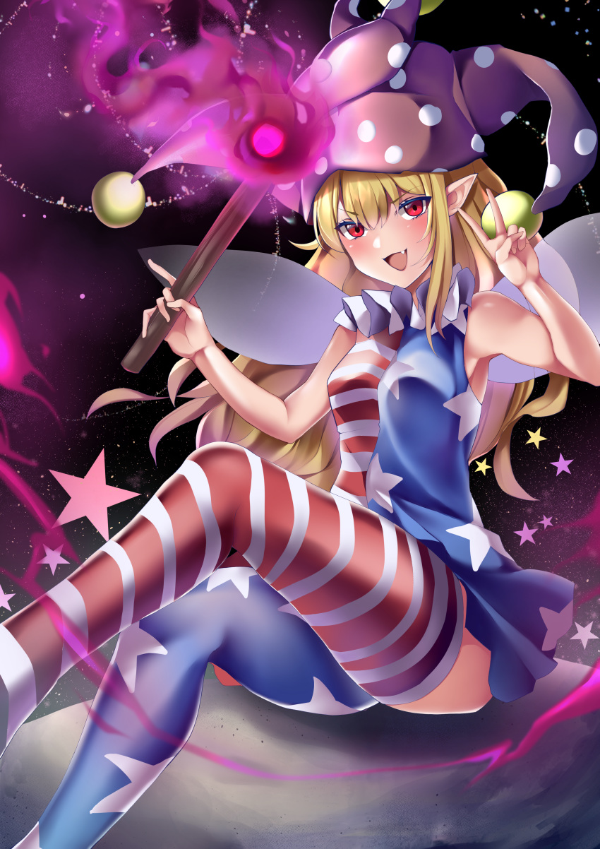 1girl absurdres american_flag american_flag_dress american_flag_print asymmetrical_legwear bangs bare_legs bare_shoulders blonde_hair blush clownpiece commentary_request dress fairy_wings fang feet_out_of_frame flag_print hair_between_eyes hat highres holding huge_filesize jester_cap koizumo long_hair looking_at_viewer neck_ruff pointy_ears polka_dot red_eyes sidelocks sitting sky sleeveless sleeveless_dress solo star_(sky) star_(symbol) star_print starry_sky striped striped_legwear thighhighs torch touhou v v-shaped_eyebrows very_long_hair wings