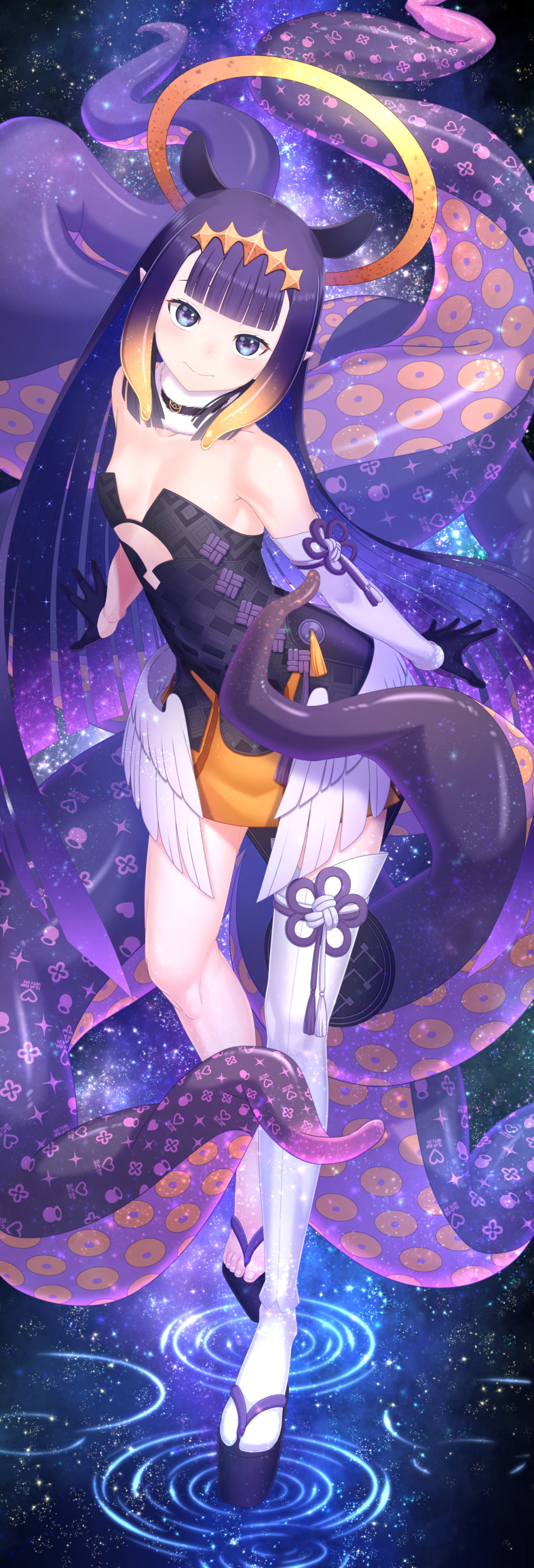 1girl absurdres bangs bare_shoulders black_hair blunt_bangs feathered_wings flat_chest fur_collar fur_trim gloves halo highres hololive hololive_english kido_airaku long_hair ninomae_ina'nis purple_eyes sandals single_arm_warmer single_thighhigh solo tentacle_hair tentacles thighhighs virtual_youtuber wings