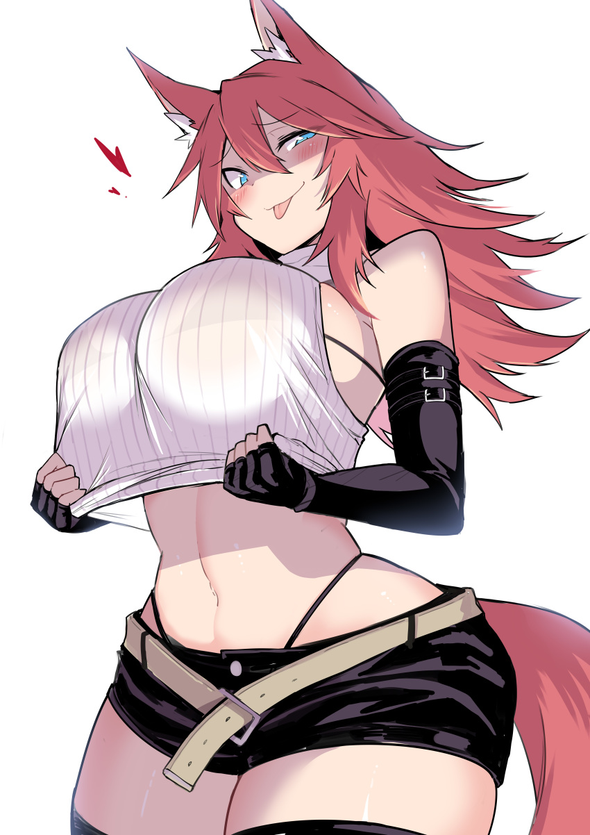 1girl absurdres animal_ears belt black_gloves black_shorts blue_eyes blush breasts closed_mouth clothes_pull crop_top cropped_sweater elbow_gloves eyebrows_visible_through_hair fingerless_gloves firo_(shun_soku) fox_ears fox_girl fox_tail gloves hair_between_eyes half-closed_eyes heart highres large_breasts looking_at_viewer messy_hair midriff navel original pink_hair red_hair ribbed_sweater see-through short_shorts shorts shun_soku sleeveless smile solo sweater sweater_pull tail thighhighs tongue tongue_out white_sweater