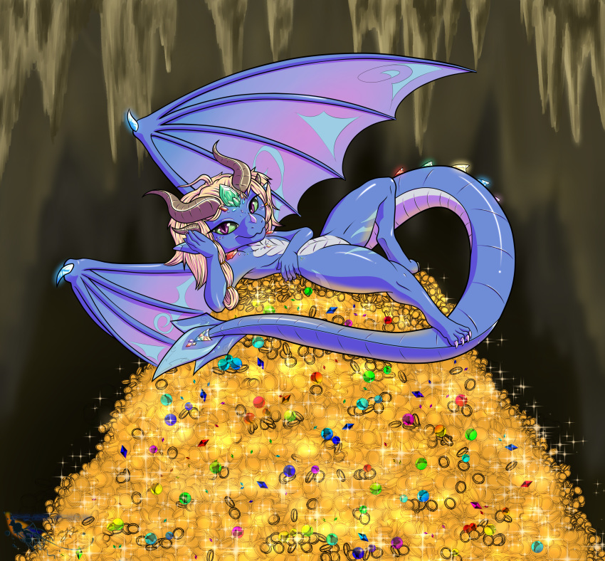 absurd_res anthro cave coin crystal dragon female gem gold_(metal) gold_coin hana_ihina_aliana hi_res nude philfox solo spread_wings wings