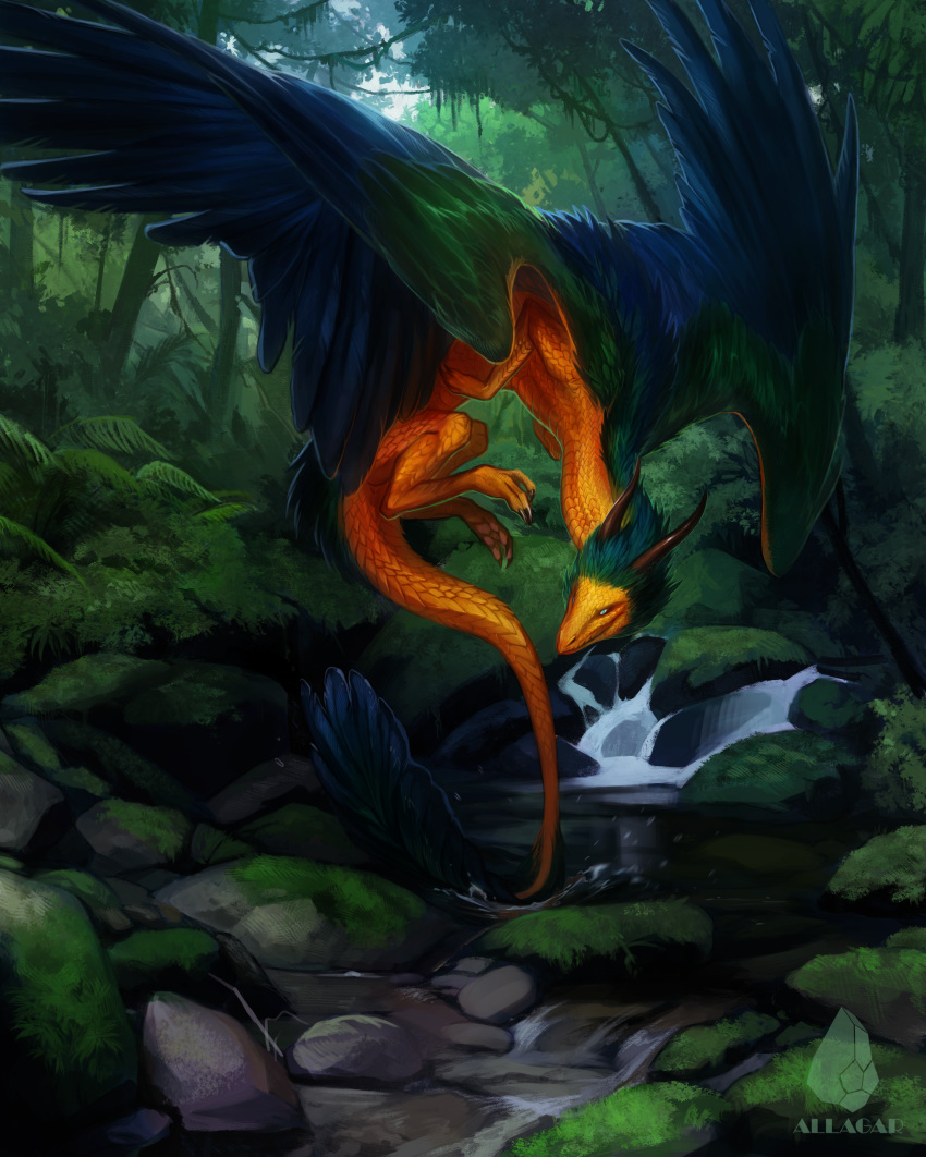 2020 absurd_res allagar ambiguous_gender blue_eyes claws creek day detailed_background digital_media_(artwork) dragon feathered_dragon feathered_wings feathers feral fern forest fur furred_dragon grass hi_res horn membrane_(anatomy) membranous_wings moss orange_body orange_scales outside scales scalie solo tree western_dragon wings