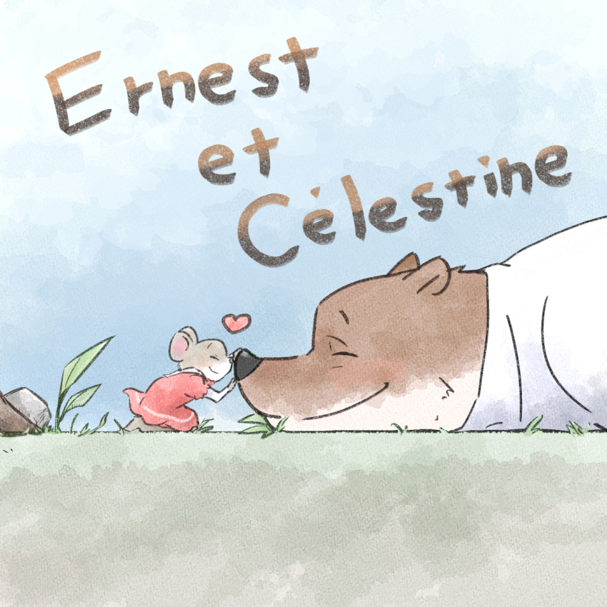 &lt;3 1:1 anthro blush brown_body brown_fur c&eacute;lestine clothed clothing digital_media_(artwork) duo ernest ernest_and_c&eacute;lestine eyes_closed female fur grey_body grey_fur hi_res male mammal mouse murid murine nose_to_nose overweight red_clothing rodent size_difference smile ursid young