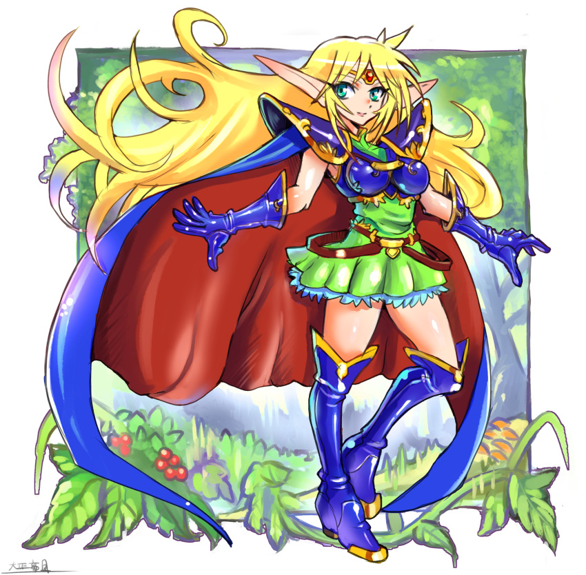 1girl armor blonde_hair blue_cape boots breasts cape closed_mouth deedlit dress elf gloves green_eyes highres long_hair looking_at_viewer oomasa_teikoku pointy_ears record_of_lodoss_war shoulder_armor smile solo thigh_boots thighhighs