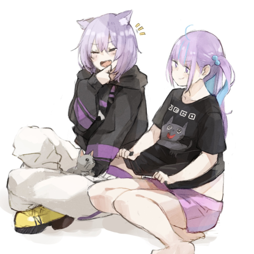 2girls :d ahoge animal_ear_fluff animal_ears bangs barefoot black_eyes black_hoodie black_shirt blue_hair blush cat cat_ears cat_girl cat_tail closed_eyes clothes_writing collarbone colored_inner_hair commentary_request eyebrows_visible_through_hair finger_to_chin grey_fur hair_between_eyes hair_bobbles hair_ornament highres hololive hood hood_down hoodie kase_(kurimuzone_oruta) laughing long_sleeves looking_at_another midriff minato_aqua multicolored_hair multiple_girls neko_(minato_aqua) nekomata_okayu notice_lines on_floor open_mouth pants purple_eyes purple_hair purple_shorts shirt shirt_lift shoes short_hair short_shorts short_sleeves shorts simple_background sitting smile smug t-shirt tail tearing_up temari_(nekomata_okayu) twintails two-tone_hair virtual_youtuber whiskers white_background yellow_footwear yokozuwari