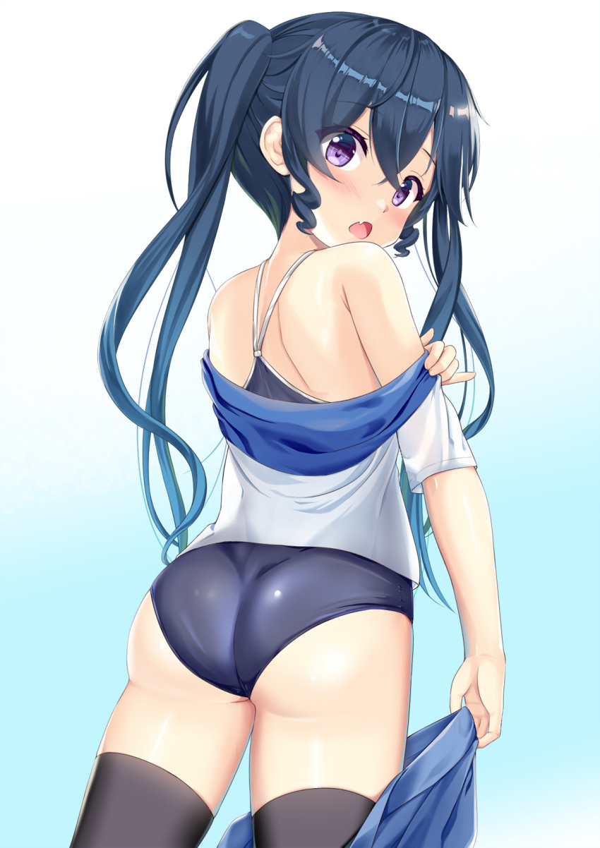1girl bangs black_legwear blue_background blue_hair blue_skirt blue_swimsuit blush commentary_request eyebrows_visible_through_hair fang from_behind gradient gradient_background gradient_hair hair_between_eyes highres long_hair looking_at_viewer looking_back migumi_(niiya) multicolored_hair niiya off_shoulder one-piece_swimsuit open_mouth original purple_eyes ringlets shirt short_sleeves sidelocks skirt skirt_around_one_leg solo standing swimsuit swimsuit_under_clothes thighhighs twintails undressing very_long_hair white_background white_shirt