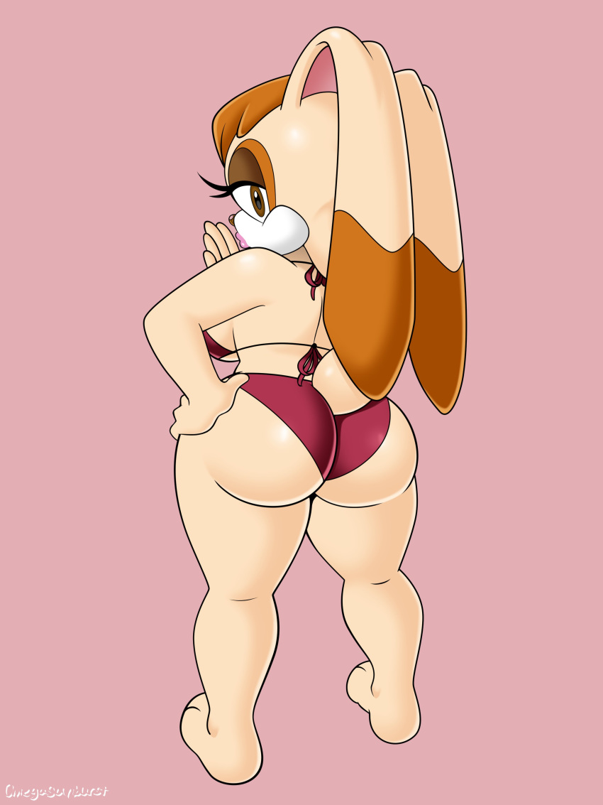 3:4 absurd_res anthro big_breasts bikini breasts butt_pose clothing dipstick_ears female hi_res lagomorph leporid lipstick looking_at_viewer looking_back makeup mammal mature_female multicolored_ears omegasunburst pose rabbit simple_background solo sonic_the_hedgehog_(series) swimwear thick_thighs vanilla_the_rabbit wide_hips