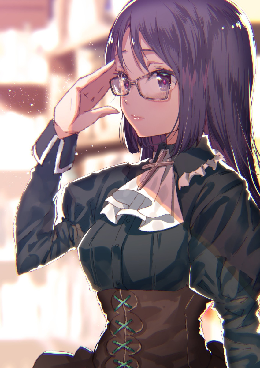 1girl adjusting_eyewear alice_gear_aegis alternate_costume black_dress blue_eyes blue_hair blush closed_mouth corset cross dress eyebrows_behind_hair glasses highres lips momoshina_fumika neckerchief solo yae_(mono110)