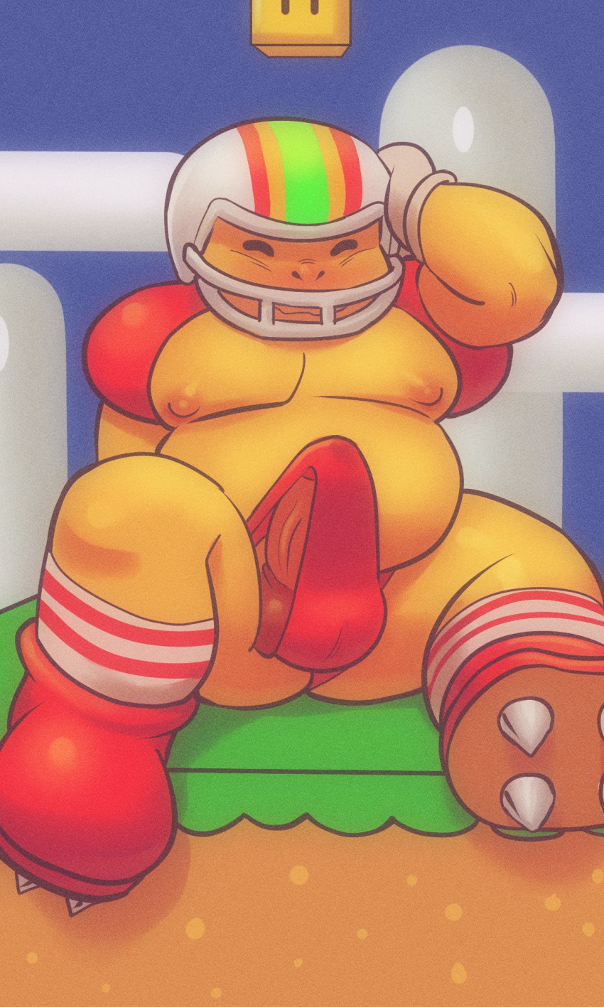 2020 3:5 anthro armor balls belly chargin'_chuck clothed clothing erection erection_under_clothing eyes_closed footwear genitals headgear helmet hi_res koopa lavabath male mario_bros moobs nintendo nipples outside overweight overweight_anthro overweight_male penis scalie shoes shoulder_pads sitting socks solo spikes sportswear underwear video_games