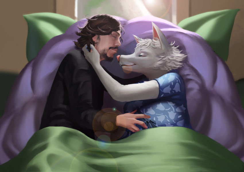 absurd_res animal_crossing anthro bed bed_sheet bedding blue_clothing blue_dress canid canine canis clothed clothing cuddling dress duo embracing eyes_closed facial_hair female fur furniture galihcrot green_sheets happy hi_res human human_on_anthro interspecies male male/female mammal nintendo pregnant romance ryan_(azeiron) smile video_games white_body white_fur whitney_(animal_crossing) wolf