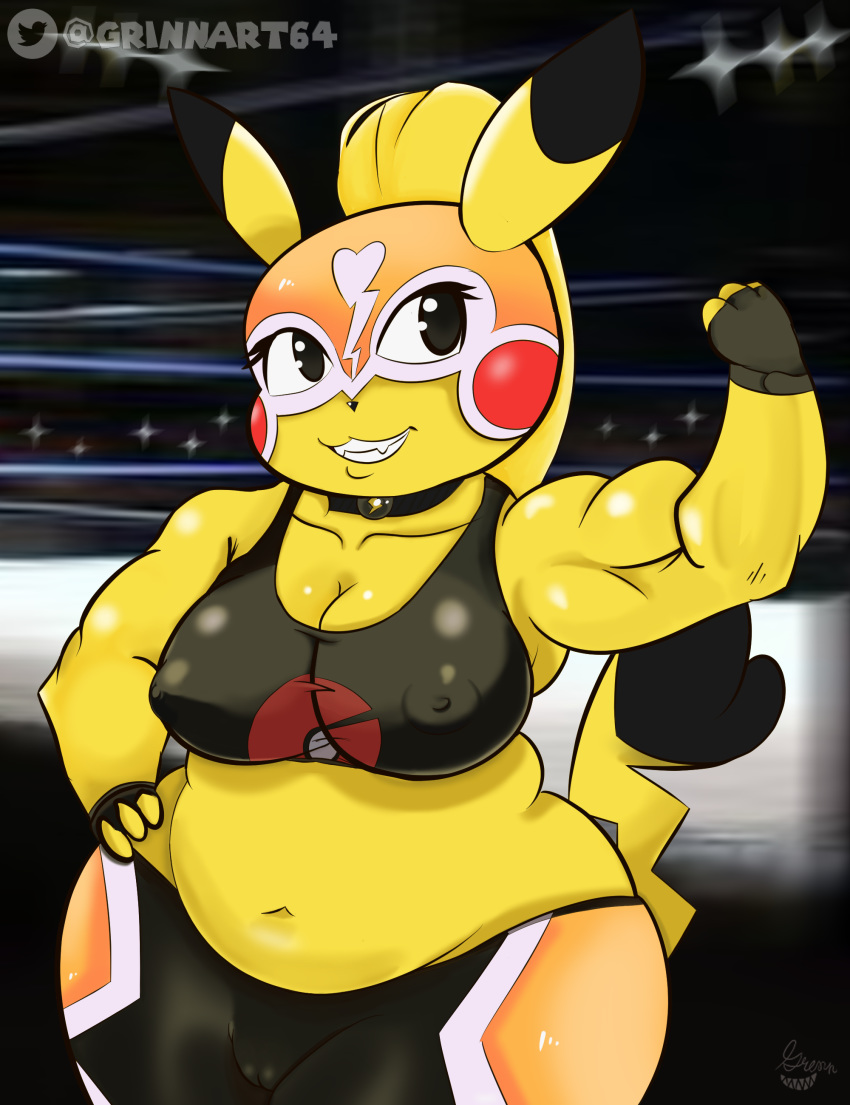 absurd_res anthro belly big_breasts black_eyes blonde_hair blurred_background breasts camel_toe choker clothing cosplay_pikachu_(character) cosplay_pikachu_(costume) curvy_figure ears_up eyelashes female fighting_ring flexing fur gloves grinn hair hand_on_hip handwear heart_tail hi_res huge_breasts jewelry long_eyelashes mask muscular muscular_anthro muscular_female navel necklace nintendo pikachu pikachu_libre pok&eacute;mon pok&eacute;mon_(species) ponytail pose red_cheeks smile solo thick_thighs tight_clothing video_games workout_clothing wrestler yellow_body yellow_fur