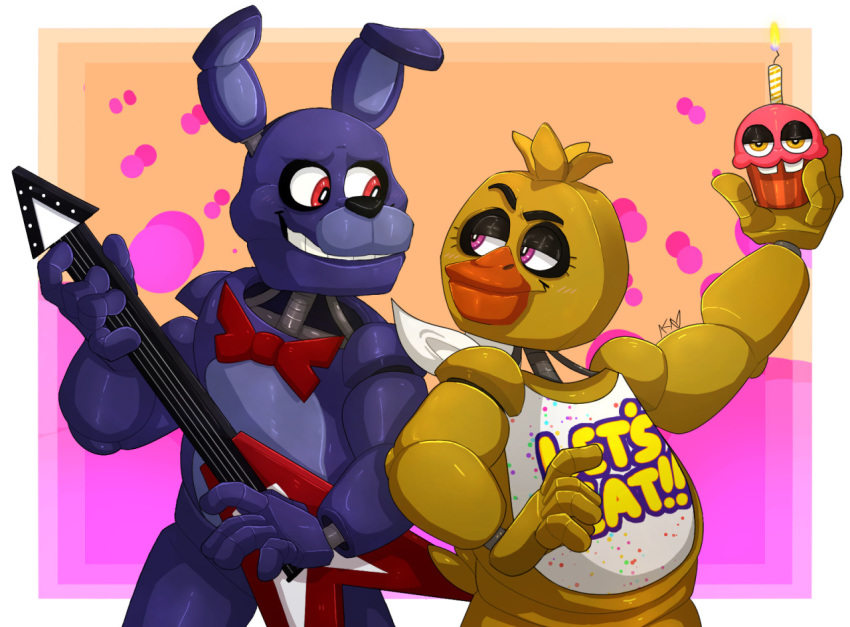 5_fingers animatronic anthro avian beak bib bird bonnie_(fnaf) chica_(fnaf) chicken cupcake cupcake_(fnaf) duo eyebrows female fingers five_nights_at_freddy's food galliform gallus_(genus) guitar half-closed_eyes holding_object looking_at_another machine male musical_instrument narrowed_eyes orange_body phasianid plucked_string_instrument purple_body purple_eyes raised_eyebrow red_eyes robot smile snazzamazing string_instrument teeth video_games yellow_body