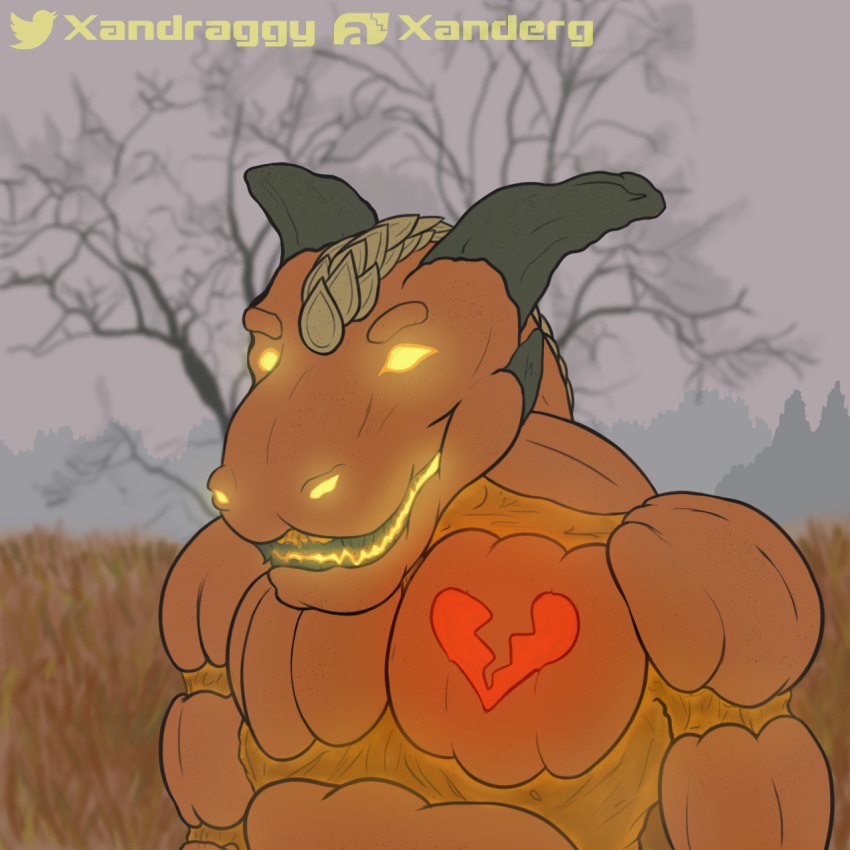 1:1 anthro detailed_background dragon fog food fruit glowing glowing_eyes glowing_mouth glowing_nostrils grass halloween hi_res holidays horn jack-o'-lantern male open_mouth plant pumpkin pumpkin_carving pumpkin_seeds seeds solo teeth teeth_showing tree xanderg_(artist)
