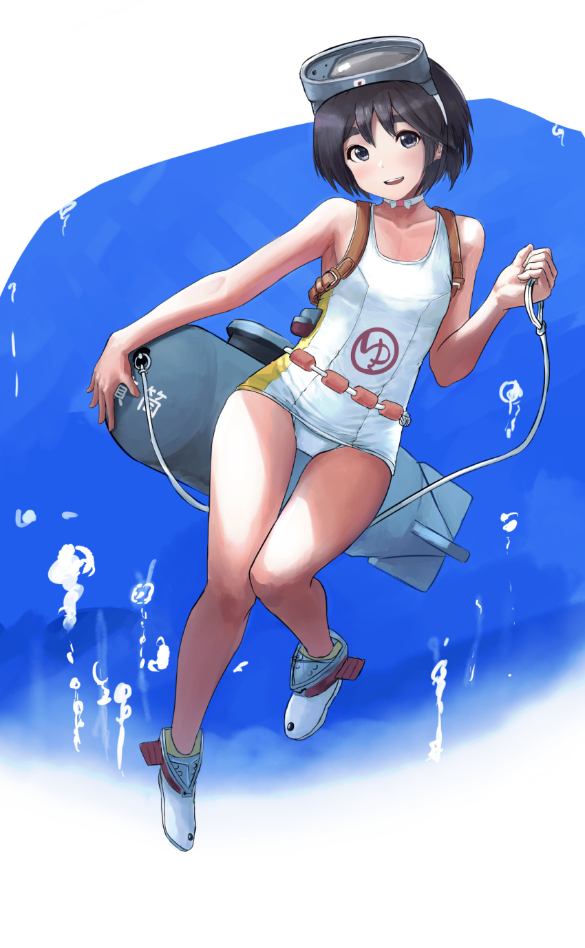 1girl air_bubble black_hair boots border brown_eyes bubble collarbone commentary diving diving_mask diving_mask_on_head flotation_belt freediving full_body grey_hair highres kantai_collection kibitarou machinery maru-yu_(kantai_collection) one-piece_swimsuit school_swimsuit short_hair smile solo submerged swimming swimsuit thick_eyebrows underwater water white_border white_swimsuit