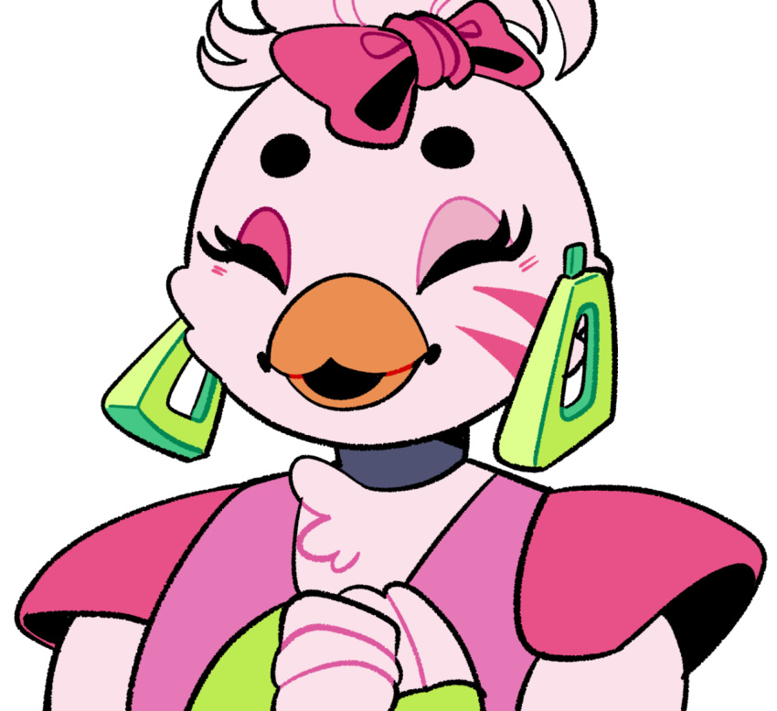 accessory animatronic avian beak bird chest_tuft chicken clothing ear_piercing eyebrows eyelashes eyes_closed feathers fingers five_nights_at_freddy's five_nights_at_freddy's:_security_breach galliform gallus_(genus) glamrock_chica_(fnaf) gloves hair hair_accessory hair_bow hair_ribbon handwear machine markings phasianid piercing pink_markings ponytail reaction_image ribbons robot tuft viceravermillion video_games white_body white_feathers white_hair