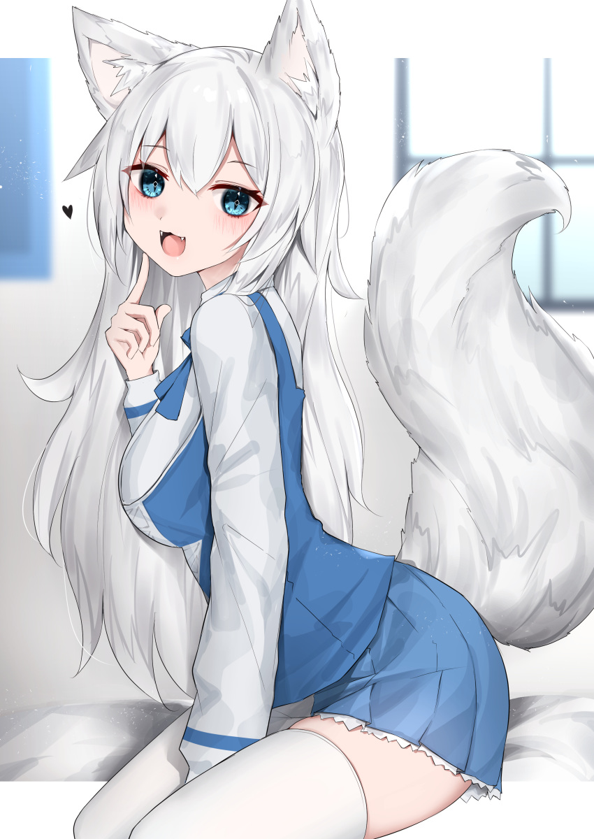 1girl :3 :d absurdres animal_ears blue_eyes blue_skirt blush border english_commentary eyebrows_visible_through_hair fangs finger_to_cheek hair_between_eyes heart highres indie_virtual_youtuber indoors kanju long_hair long_sleeves looking_at_viewer lumi_(merryweather) open_mouth second-party_source shirt sidelocks silver_hair sitting skindentation skirt smile solo tail thighhighs virtual_youtuber white_border white_legwear white_shirt window wolf_ears wolf_girl wolf_tail