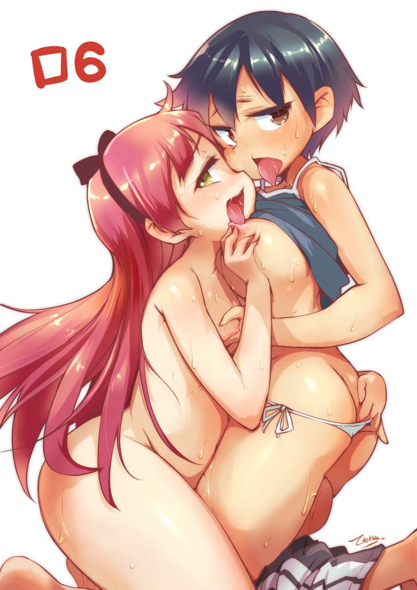 2girls :d aoi_(rororro!) areolae ass ass_grab bangs banubeefriends black_hair black_hairband blue_tank_top breast_grab breasts brown_eyes flat_ass furrowed_eyebrows grabbing grabbing_another's_ass groping hair_between_eyes hairband highres long_hair medium_breasts multiple_girls nipples nude open_mouth panties pink_hair rororro! saliva shirt_lift short_hair side-tie_panties sideways_mouth simple_background small_breasts smile straight_hair sweat takamine_marianne tank_top teeth thighs tongue tongue_out underwear very_long_hair white_background white_panties yellow_eyes yuri