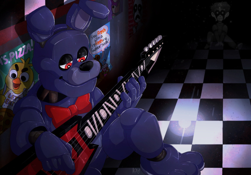 2020 3_toes 5_fingers alternate_version_at_source animatronic anthro black_nose bonnie_(fnaf) bow fingers five_nights_at_freddy's ghost guitar half-closed_eyes inside lagomorph leporid looking_down machine mammal musical_instrument narrowed_eyes plucked_string_instrument poster purple_body rabbit robot signature sitting snazzamazing spirit string_instrument toes video_games