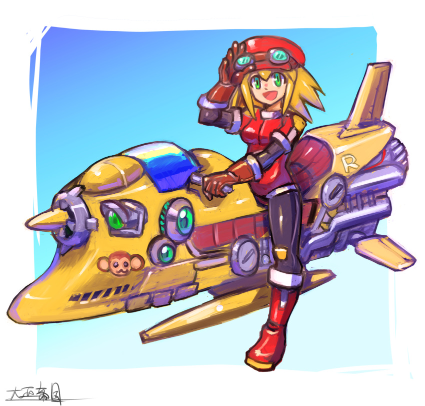 1girl blonde_hair breasts brown_gloves cabbie_hat gloves green_eyes ground_vehicle hat highres long_hair looking_at_viewer motor_vehicle oomasa_teikoku open_mouth red_headwear rockman rockman_dash roll_caskett smile solo