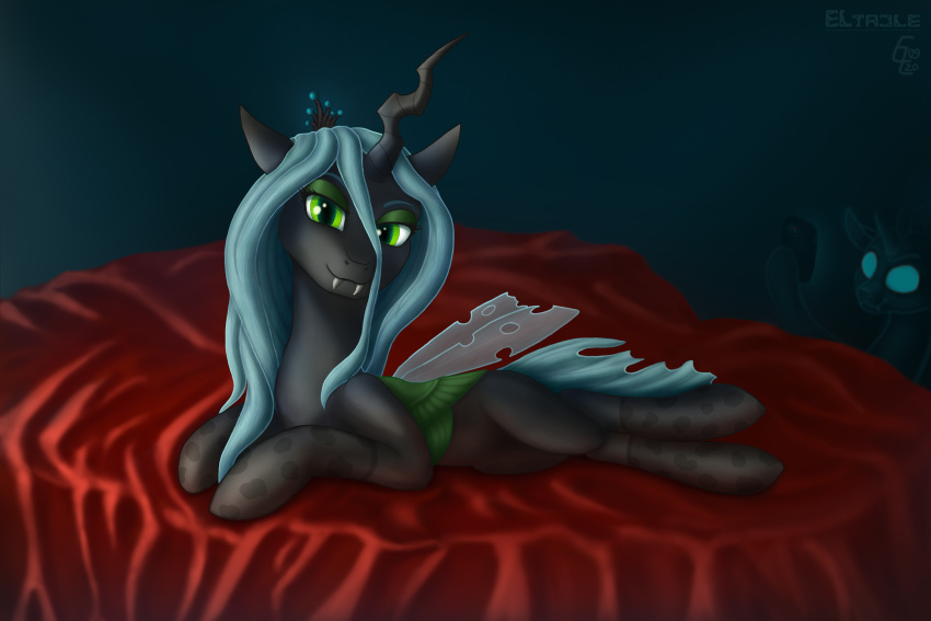 3:2 arthropod bed bedroom bedroom_eyes cellphone changeling chrysalis clothing crown duo eltaile equid equine fangs female feral footwear friendship_is_magic furniture hasbro hi_res horn horse legwear looking_at_viewer mammal my_little_pony narrowed_eyes phone pony queen_chrysalis_(mlp) royalty seductive smartphone socks stockings wings