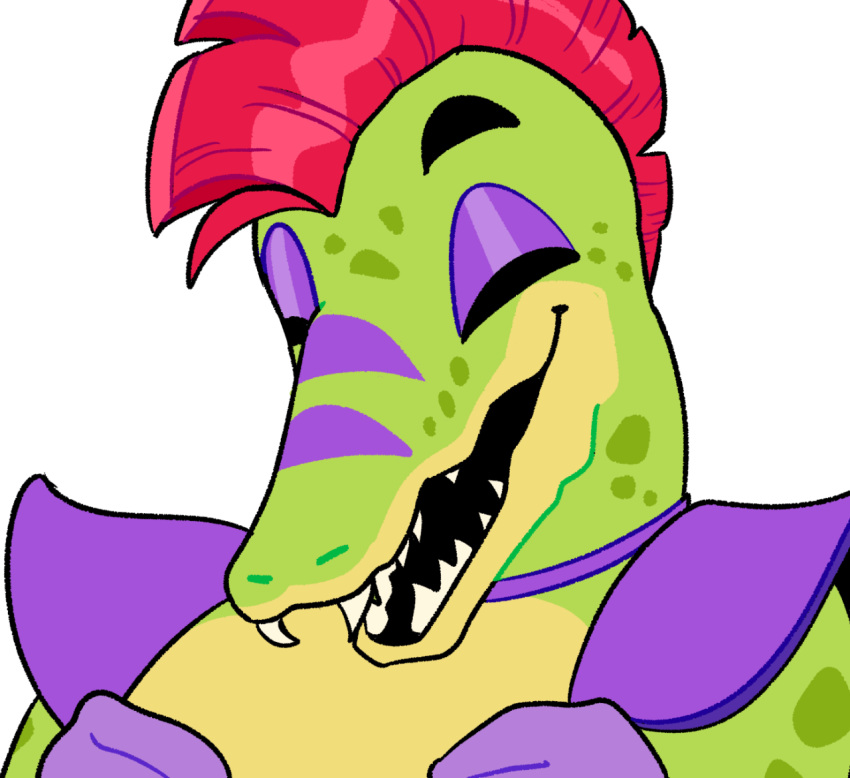 alligator alligatorid animatronic anthro crocodilian eyebrows eyes_closed five_nights_at_freddy's five_nights_at_freddy's:_security_breach green_body hair laugh machine male markings mohawk_(hairstyle) montgomery_gator_(fnaf) open_mouth open_smile purple_markings reaction_image reptile robot scalie smile solo teeth viceravermillion video_games yellow_body