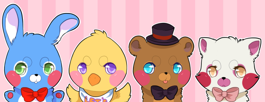 2014 ambiguous_gender avian beak bib bird black_nose blue_body blue_eyes blue_fur brown_body brown_fur buckteeth canid canine chibi chicken clothing eyelashes feathers five_nights_at_freddy's five_nights_at_freddy's_2 fox fur galliform gallus_(genus) green_eyes hat headgear headwear inner_ear_fluff lagomorph leporid long_ears mammal mangle_(fnaf) pawpads phasianid pink_background pink_body pink_cheeks pink_fur pink_inner_ear pixelatedv purple_eyes rabbit red_cheeks ribbons semi-anthro simple_background teeth tongue tongue_out toy_bonnie_(fnaf) toy_chica_(fnaf) toy_freddy_(fnaf) tuft ursid video_games white_body white_fur white_inner_ear wings yellow_body yellow_eyes yellow_feathers yellow_fur