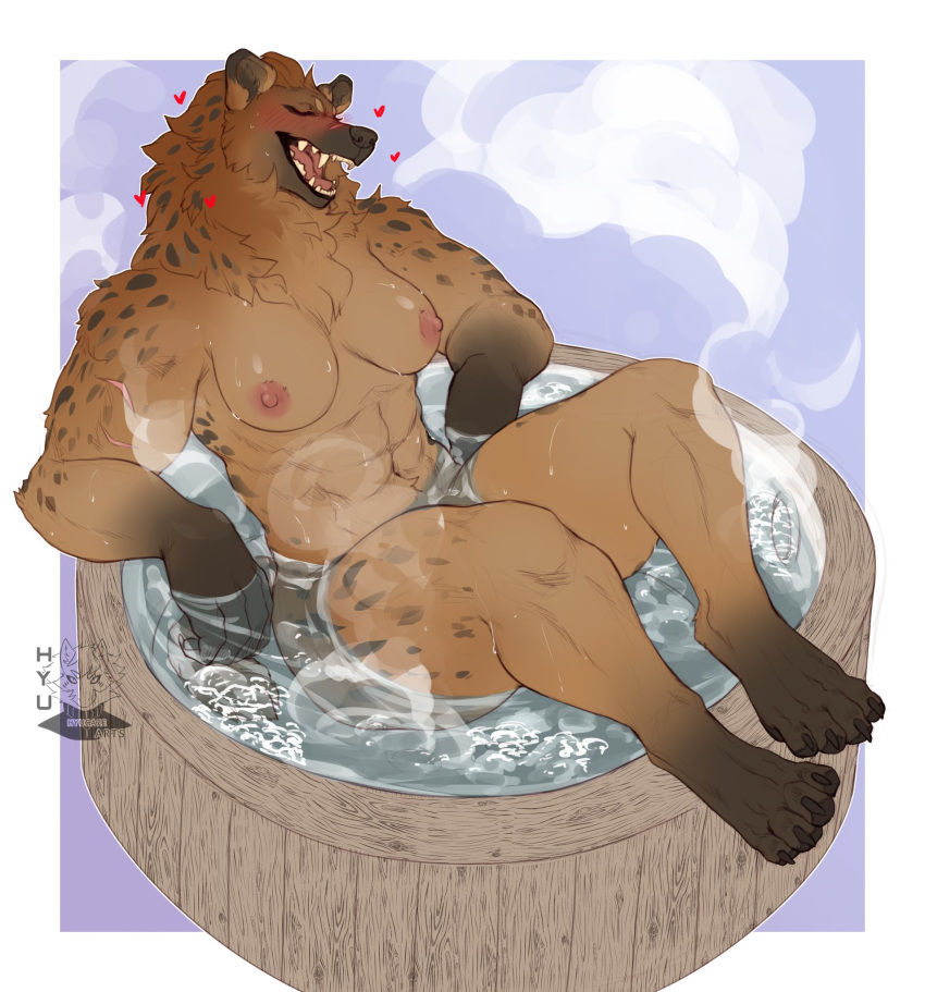 abs anthro bathing blush breasts female fluffy gnoll hi_res hot_tub hyaenid hyucaze mammal muscular muscular_anthro muscular_female scar solo spotted_hyena teeth thick_thighs zahraa