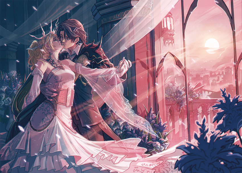 1boy 1girl arm_around_waist black_hair blonde_hair city couple curtains dancing diana_mercolini dress final_fantasy final_fantasy_xv formal good_end hair_ornament holding_hands imminent_kiss light_rays lunafreya_nox_fleuret noctis_lucis_caelum plant shoulder_spikes smile spikes sun