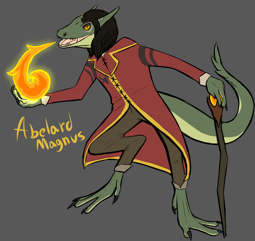 abelard_(denmarklemons) absurd_res anthro black_hair breath_powers claws clothing denmarklemons dragon elemental_manipulation fire fire_breathing fire_manipulation green_body green_skin hair hi_res kobold long_toes male orange_eyes red_clothing scalie solo