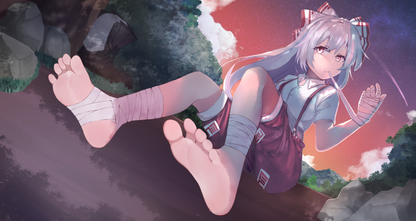 1girl absurdres bandages bangs barefoot blush boots boots_removed bow buttons closed_mouth cloud collared_shirt eyebrows eyebrows_visible_through_hair eyelashes feet fujiwara_no_mokou hair_bow hair_ornament hair_ribbon highres huge_filesize jager legs legwear_removed long_hair looking_to_the_side no_shoes outdoors overall_shorts overalls parted_bangs pov pov_feet red_eyes red_shorts ribbon shirt shoes shoes_removed short_sleeves shorts silver_hair sitting sky smile smirk socks socks_removed soles solo star_(sky) starry_sky stirrup_legwear teasing toeless_legwear toes touhou white_legwear white_shirt