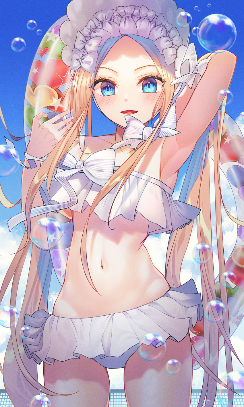 1girl abigail_williams_(fate/grand_order) abigail_williams_(swimsuit_foreigner)_(fate) absurdres arm_behind_head arm_up armpits bangs bare_shoulders bikini blonde_hair blue_eyes blue_sky blush bonnet bow breasts bubble fate/grand_order fate_(series) forehead hair_bow highres innertube liso long_hair looking_at_viewer miniskirt navel open_mouth parted_bangs sidelocks skirt sky small_breasts smile swimsuit thighs twintails very_long_hair white_bikini white_bow white_headwear